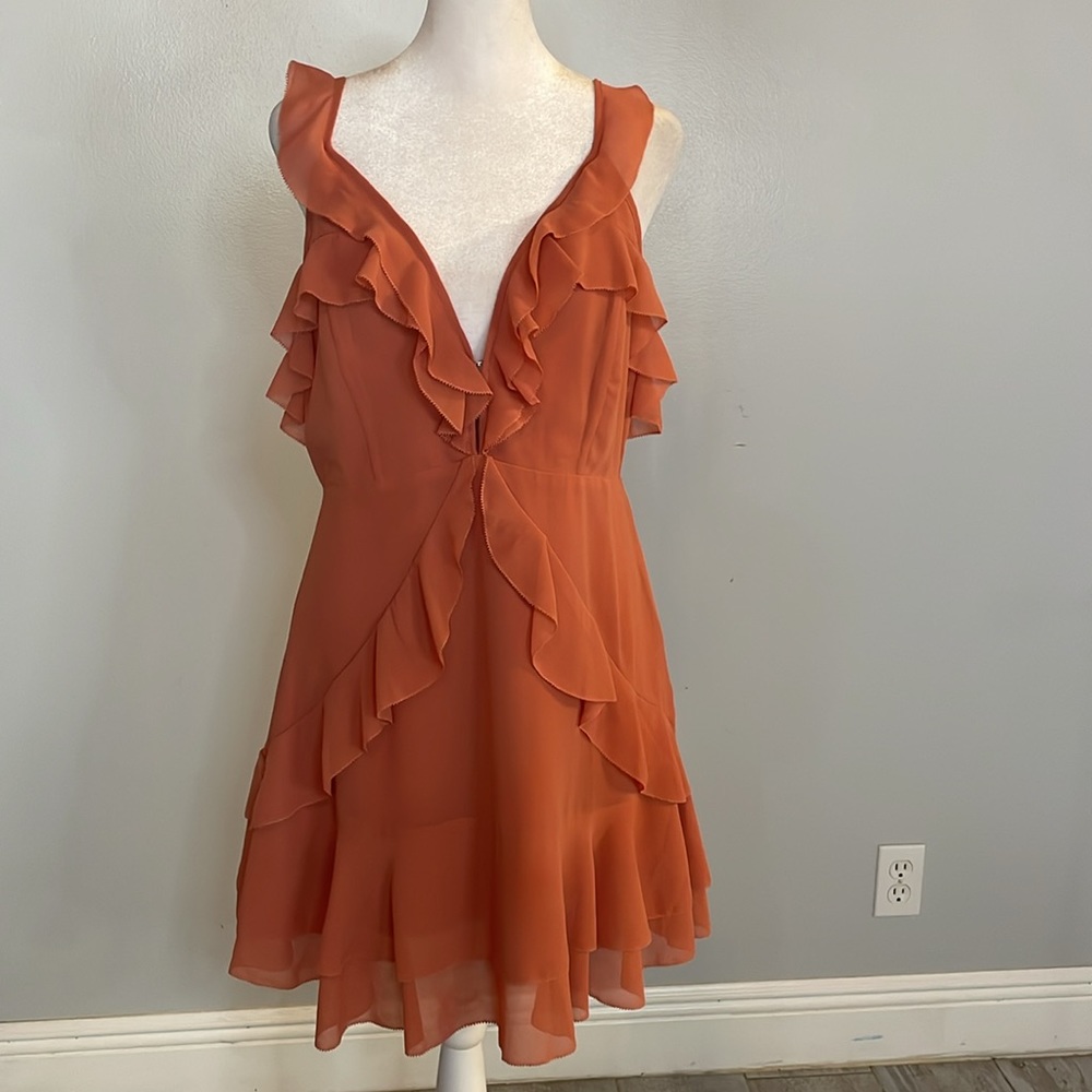 Storia Rust Ruffle V-Neck Sleeveless Mini Dress